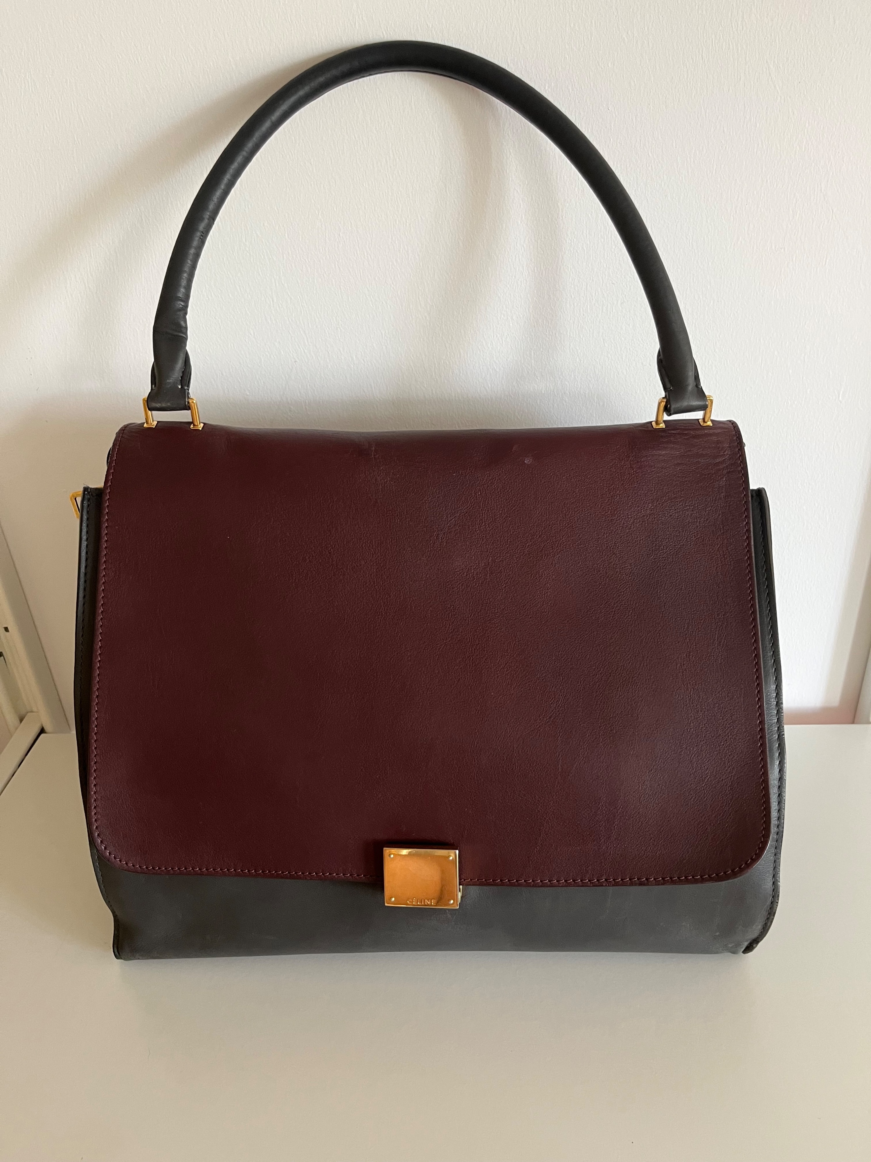 Preowned Celine Leather  Suede Tri-colour Trapeze Bag Size L Maroon