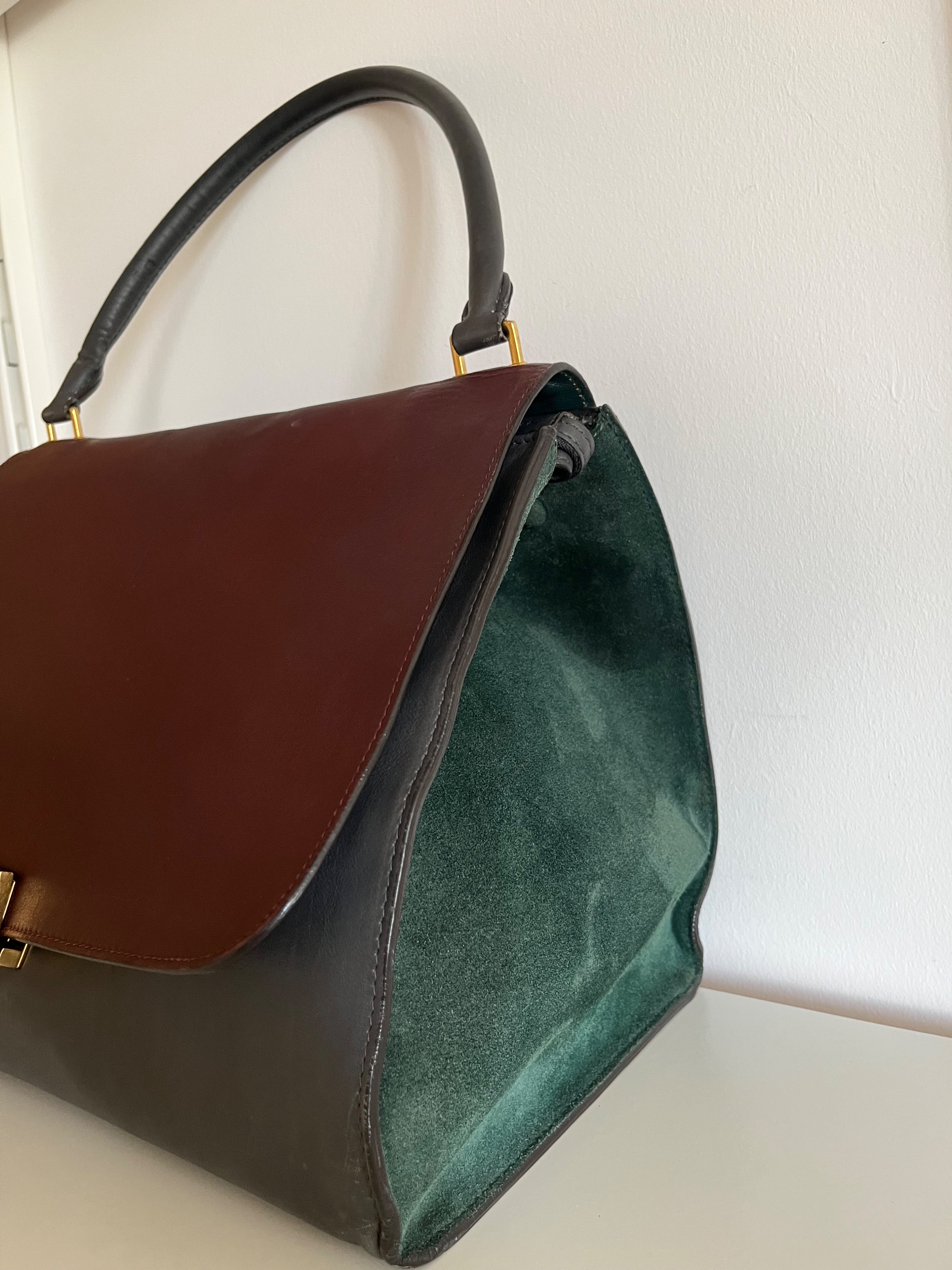 Preowned Celine Leather  Suede Tri-colour Trapeze Bag Size L Maroon