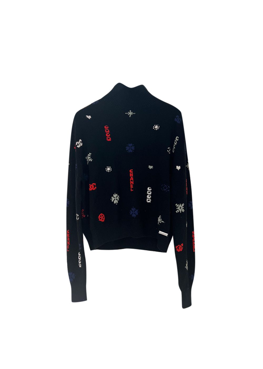 Preowned Chanel Coco Neige Cashmere Intarsia Jumper Size M Black with multi colour detail