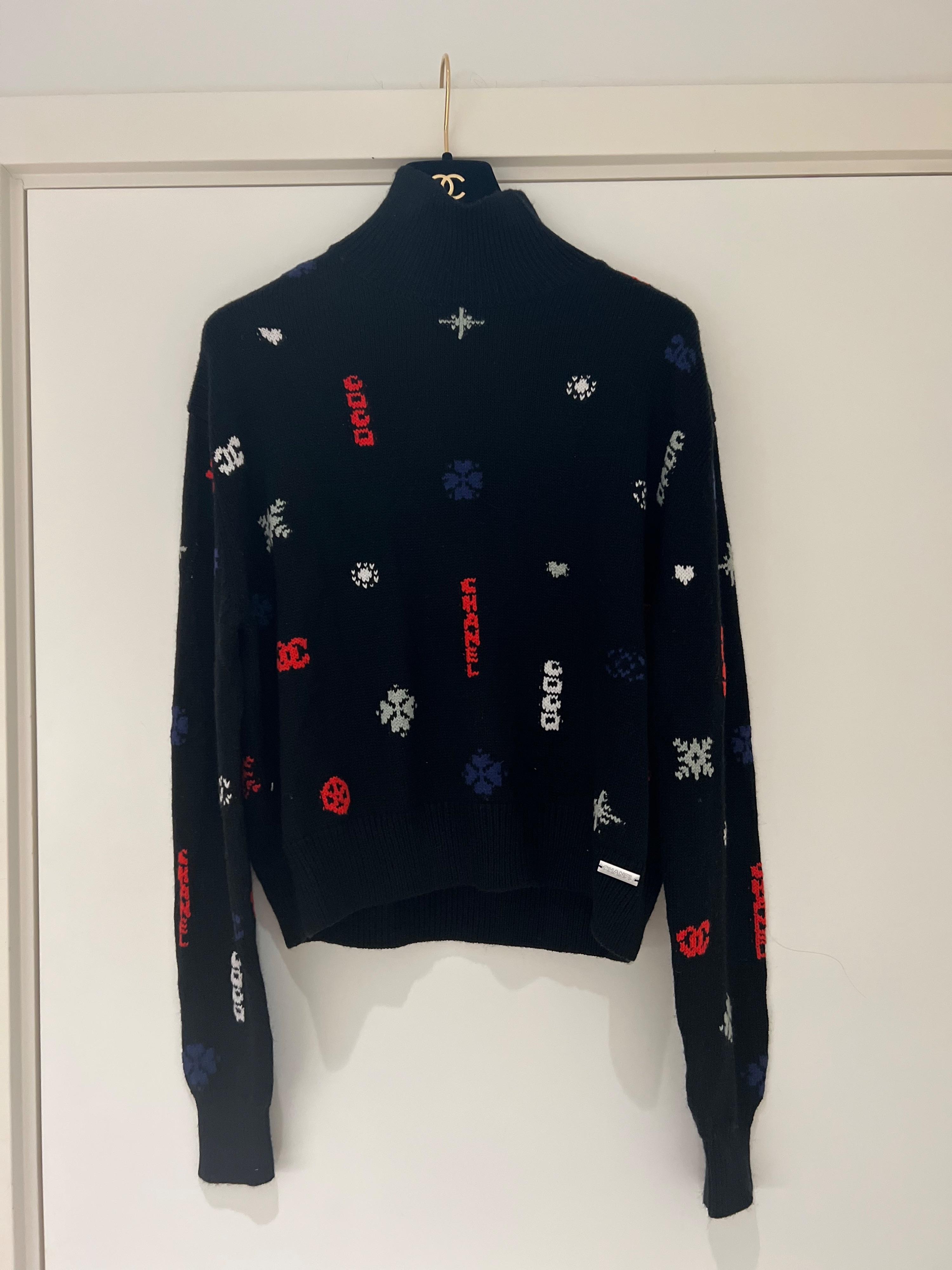 Preowned Chanel Coco Neige Cashmere Intarsia Jumper Size M Black with multi colour detail