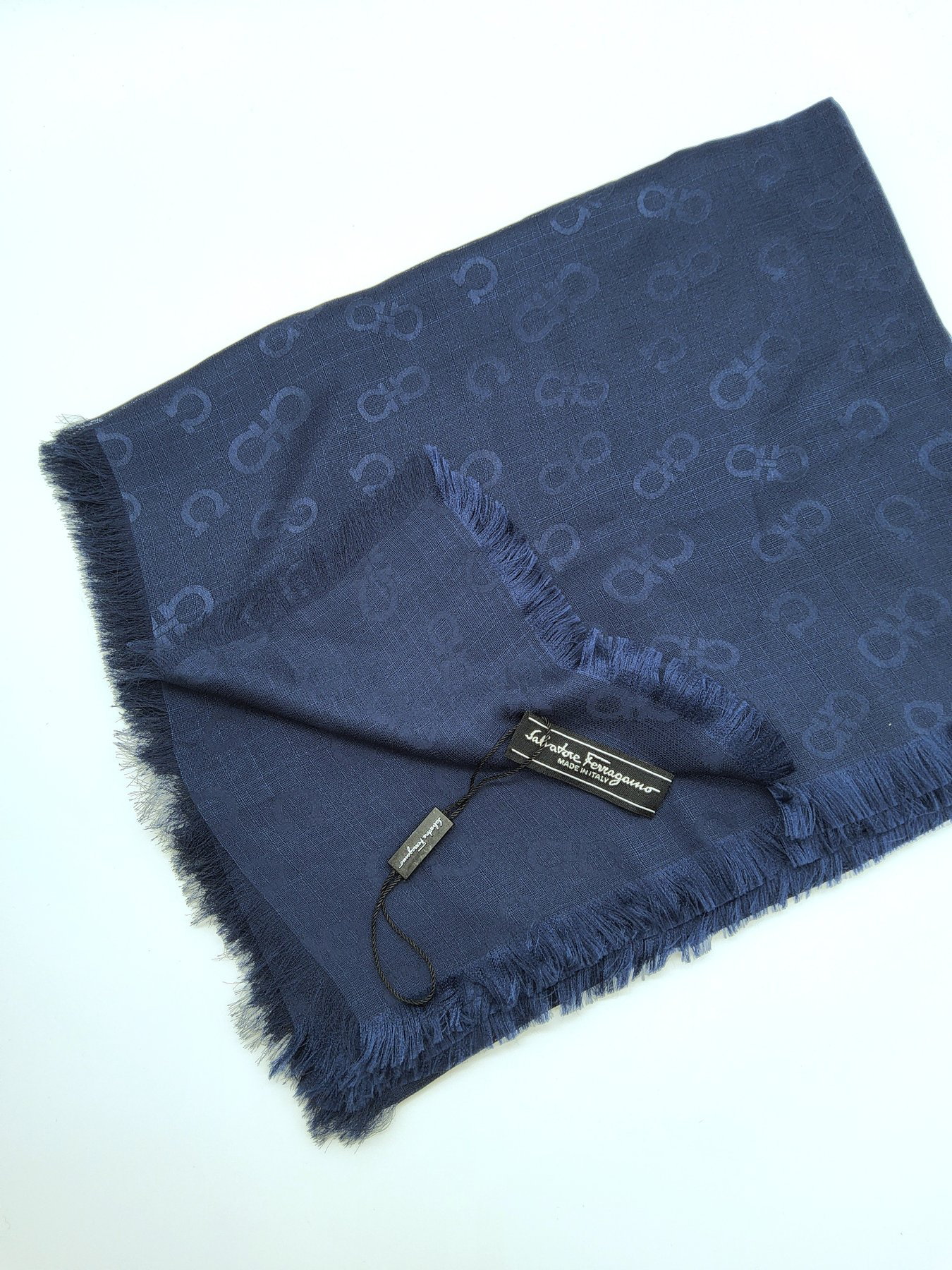 Salvatore Ferragamo Navy Monogram Silk Scarf Blue