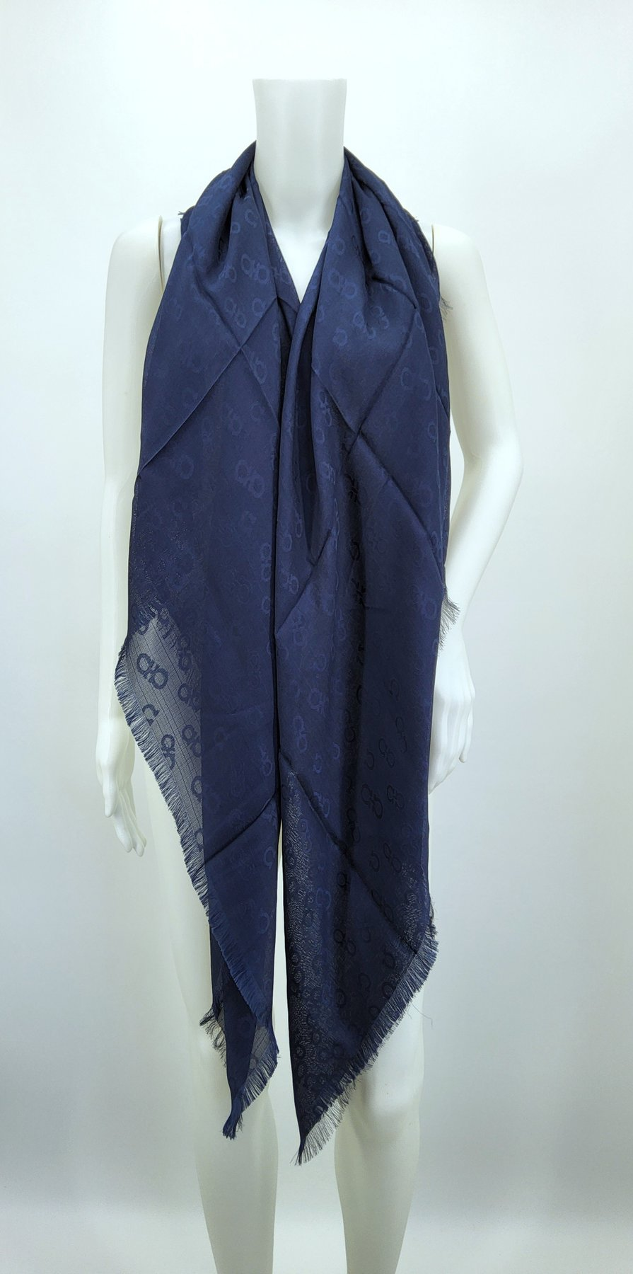 Salvatore Ferragamo Navy Monogram Silk Scarf Blue