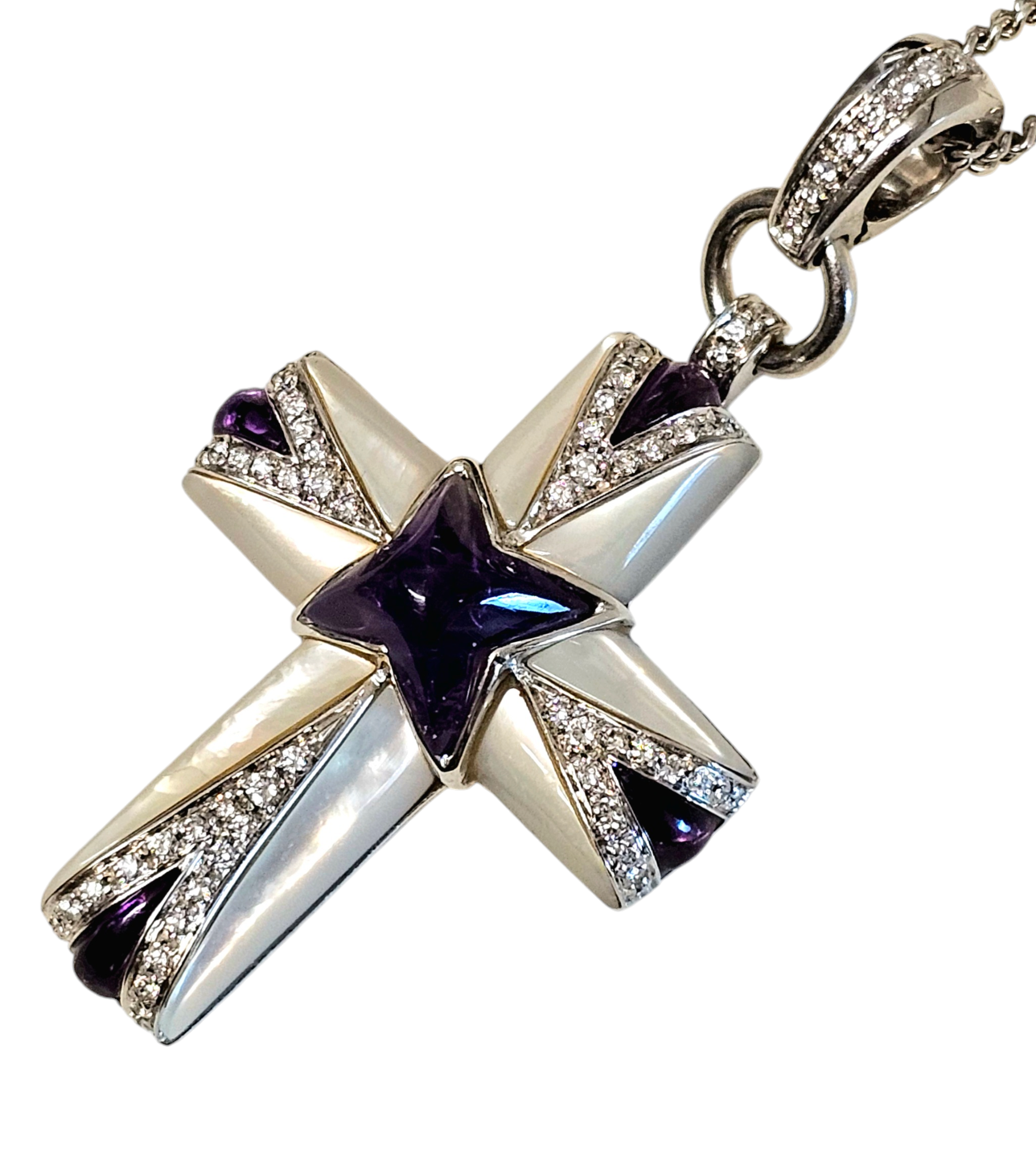 Preowned Mappin and Webb Diamond, Amethyst and Mother of pearl Cross Pendant White gold ct gold