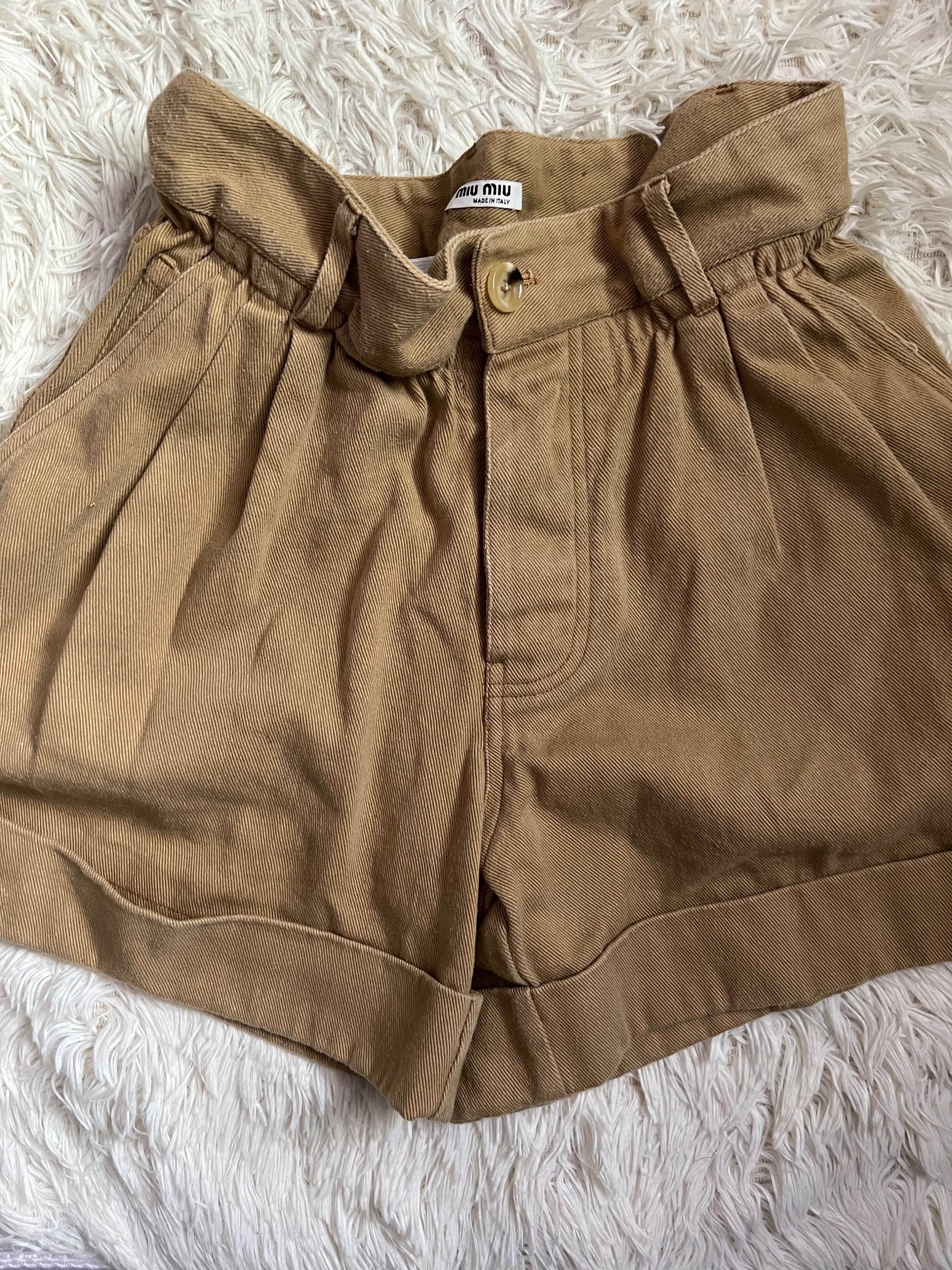 Preowned Miu Miu Elasticated Waist Tan Cotton Shorts Size 27/69 Khaki/Tan denim