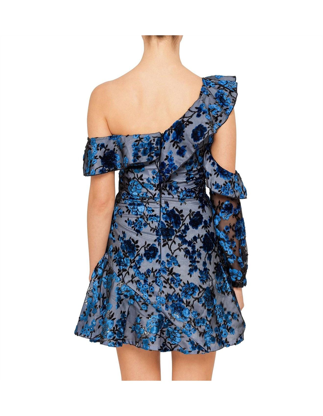 Self Portrait Blue Floral One Shoulder Wrap Dress Size S polyester/viscose