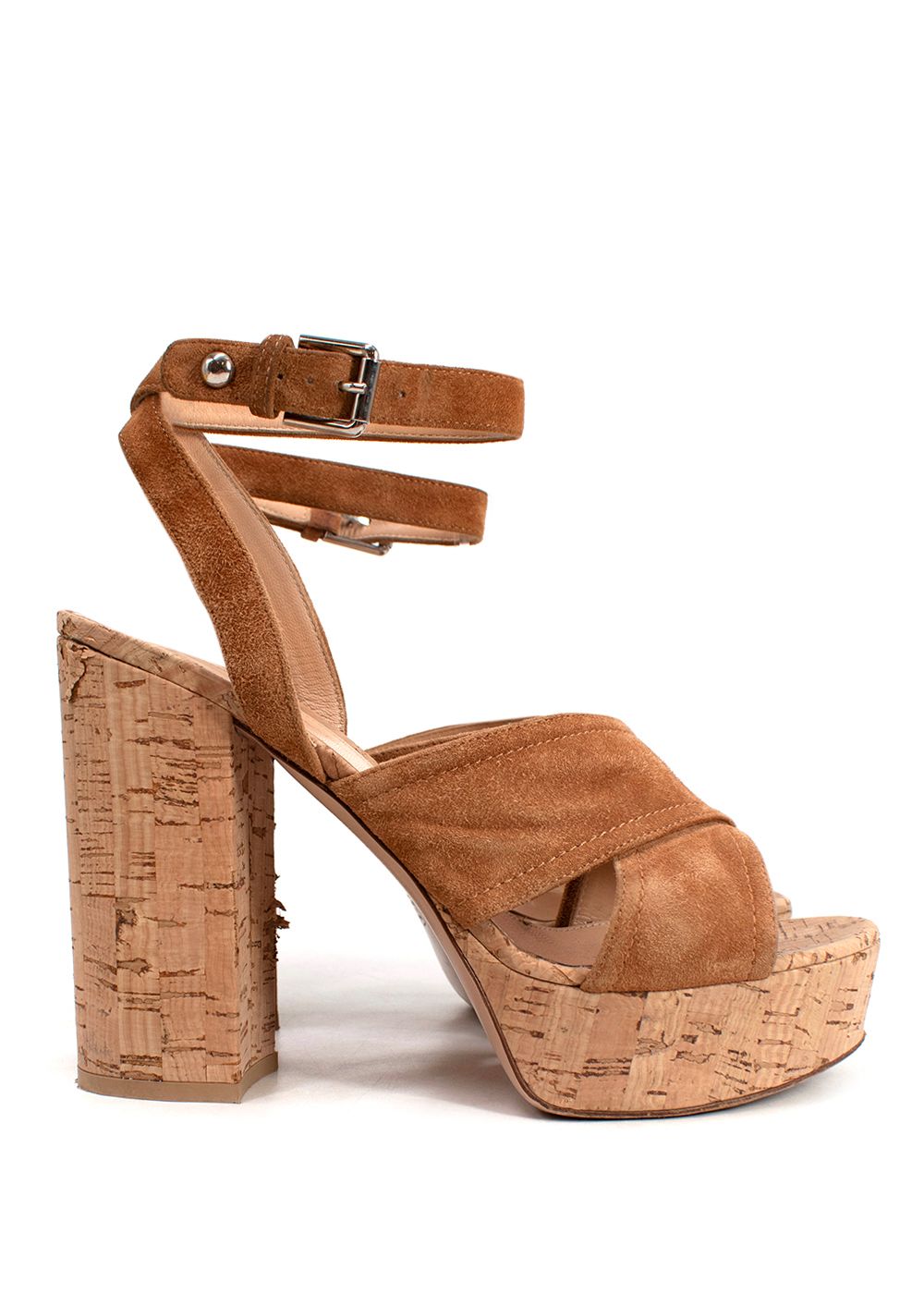 Preowned Gianvito Rossi Brown Suede Platform Cork Sandals Size 385 brown beige suede/cork