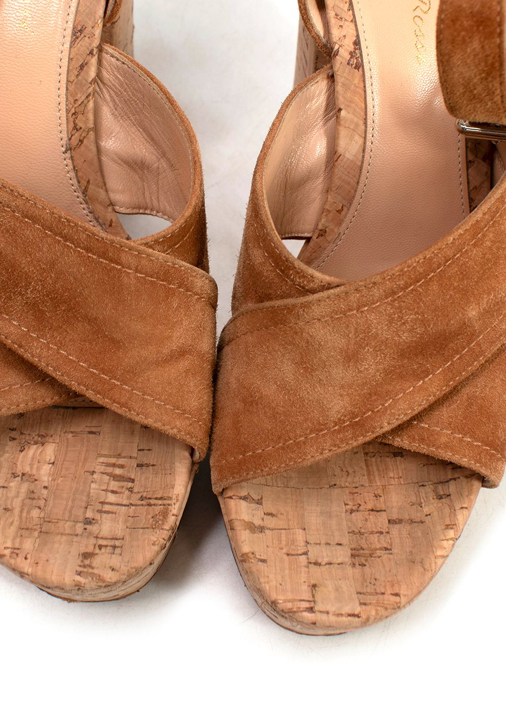 Preowned Gianvito Rossi Brown Suede Platform Cork Sandals Size 385 brown beige suede/cork