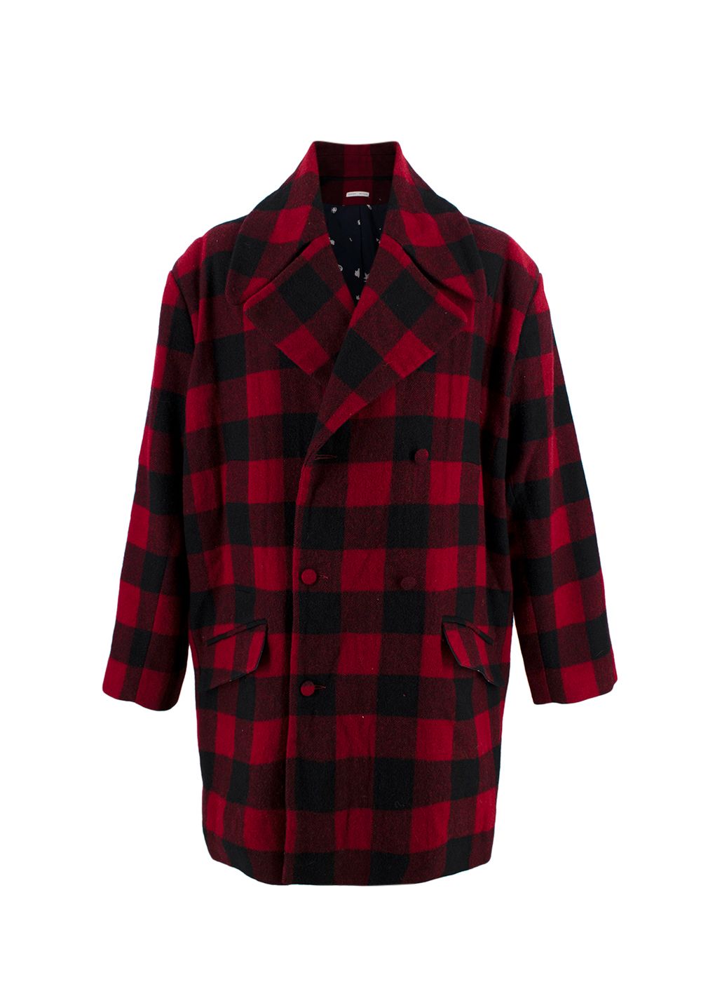 Men's Preowned Charles Jeffrey Loverboy Red and Black Check Wool Coat Size M red black