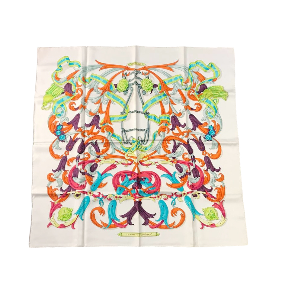 Preowned Hermes White Le Mors Multicolour Print Silk Twill Square Scarf 90 Animal Print