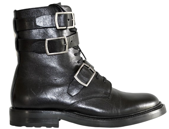 Saint Laurent Black Buckle Leather Biker Boots Size 37