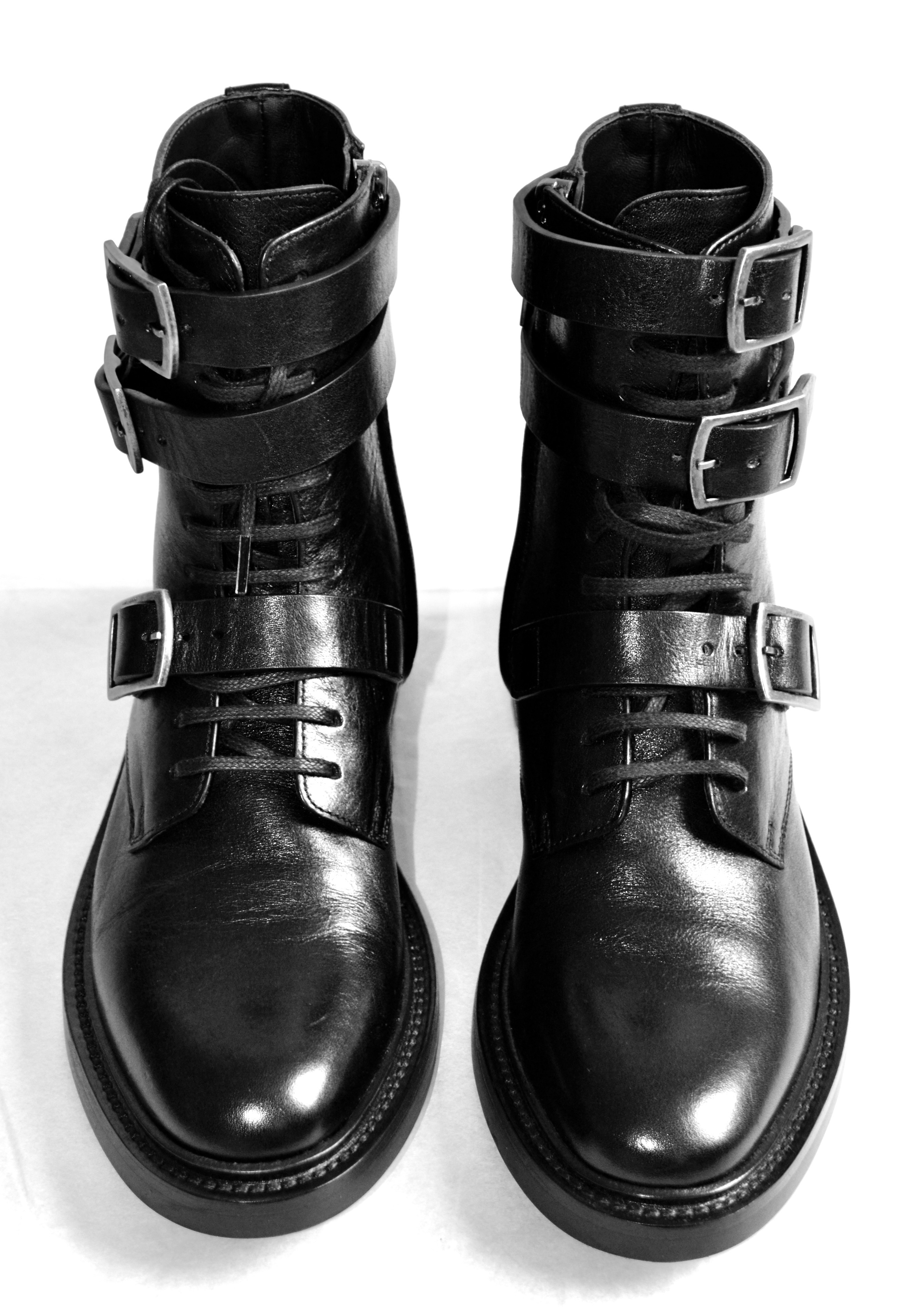 Saint Laurent Black Buckle Leather Biker Boots Size 37