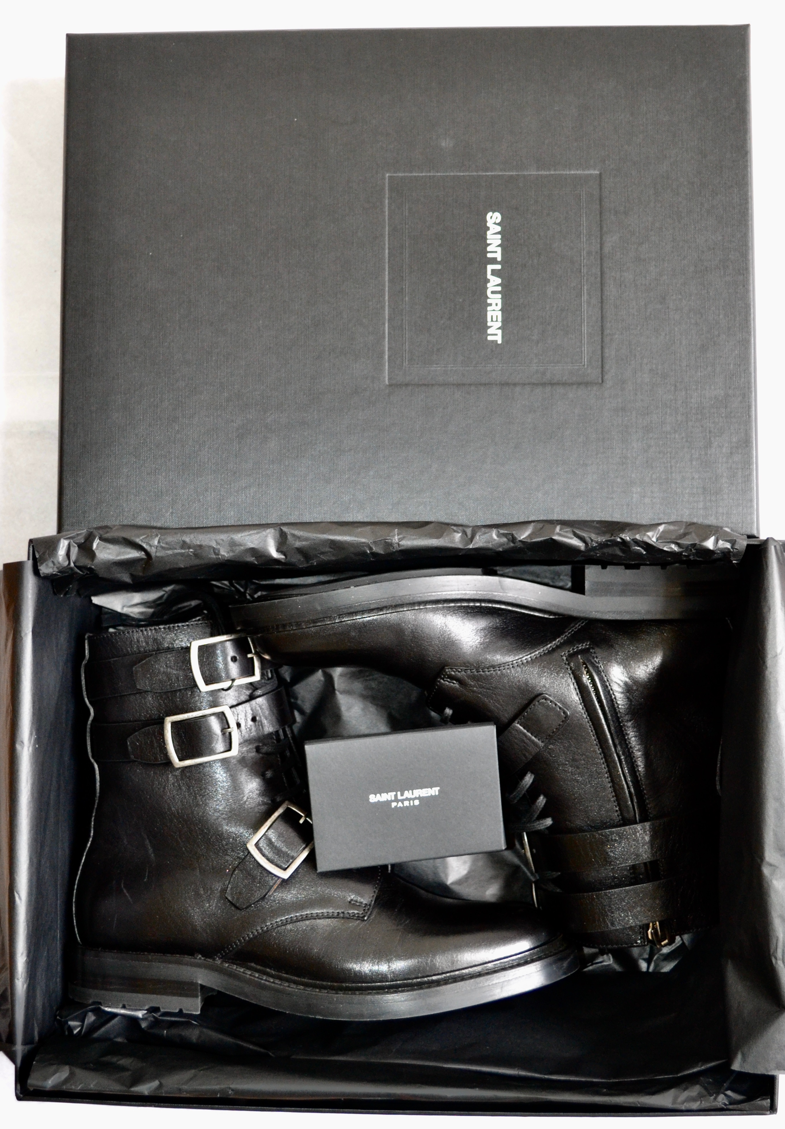 Saint Laurent Black Buckle Leather Biker Boots Size 37