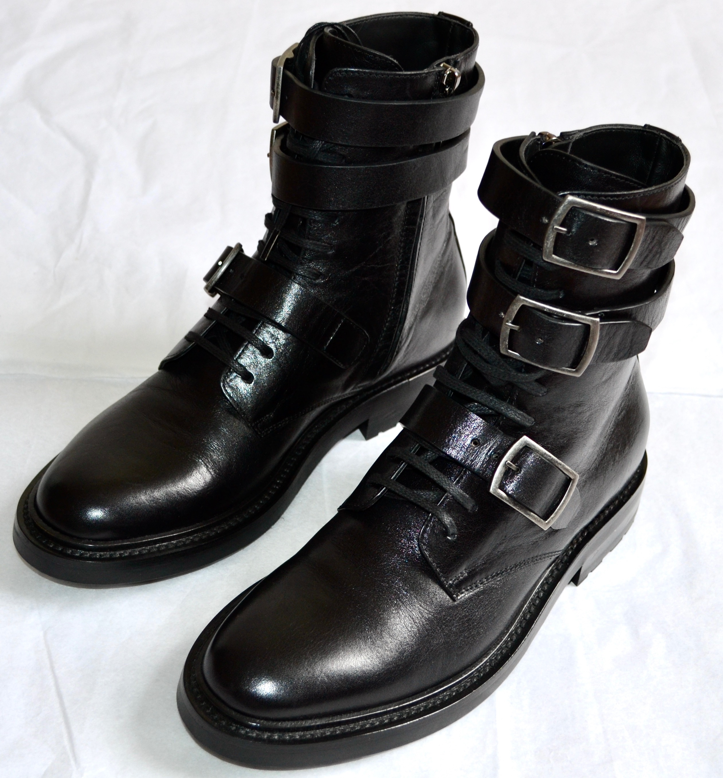 Saint Laurent Black Buckle Leather Biker Boots Size 37