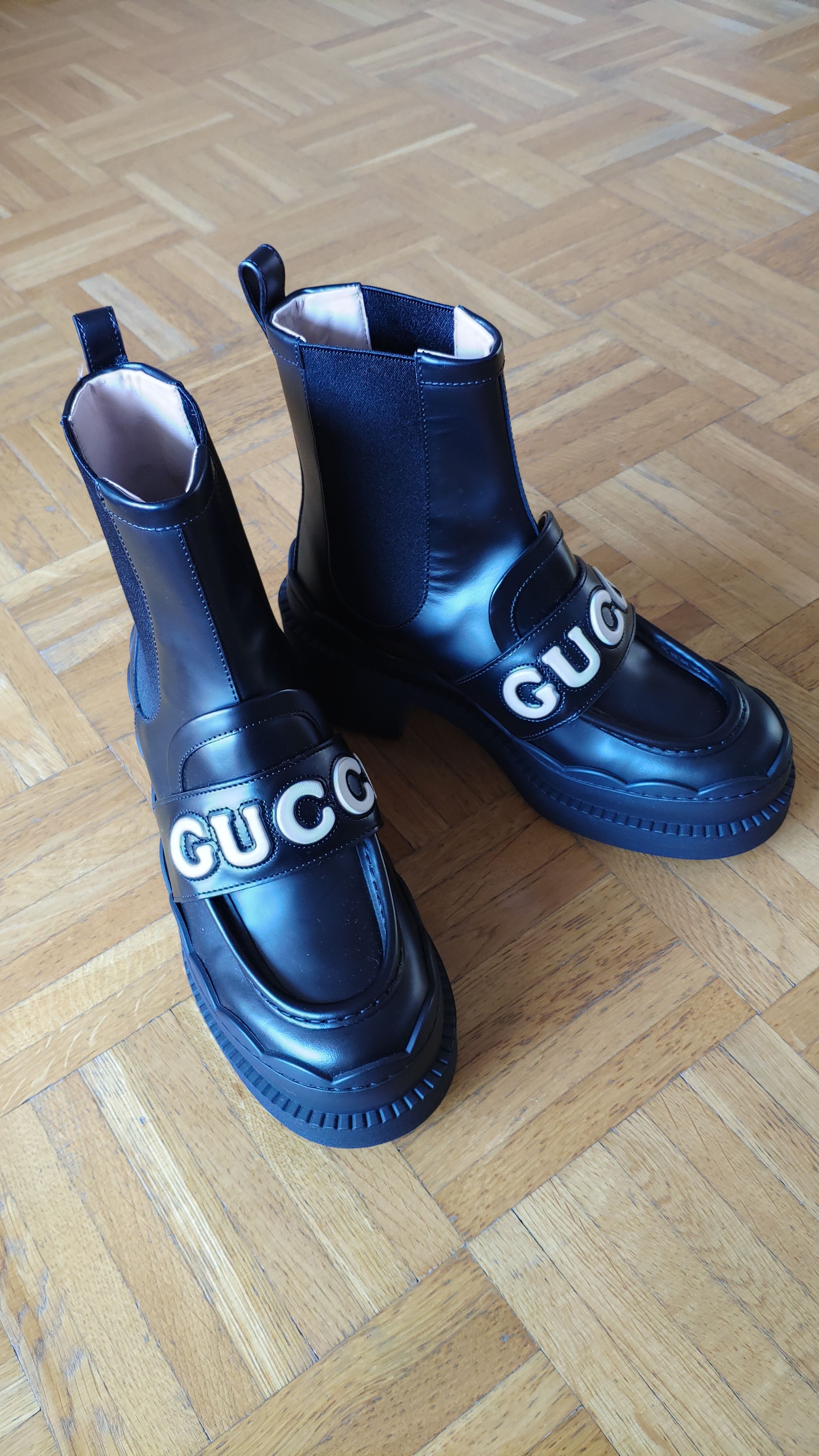 Gucci Black Logo Platform Leather Boots Size 38.5