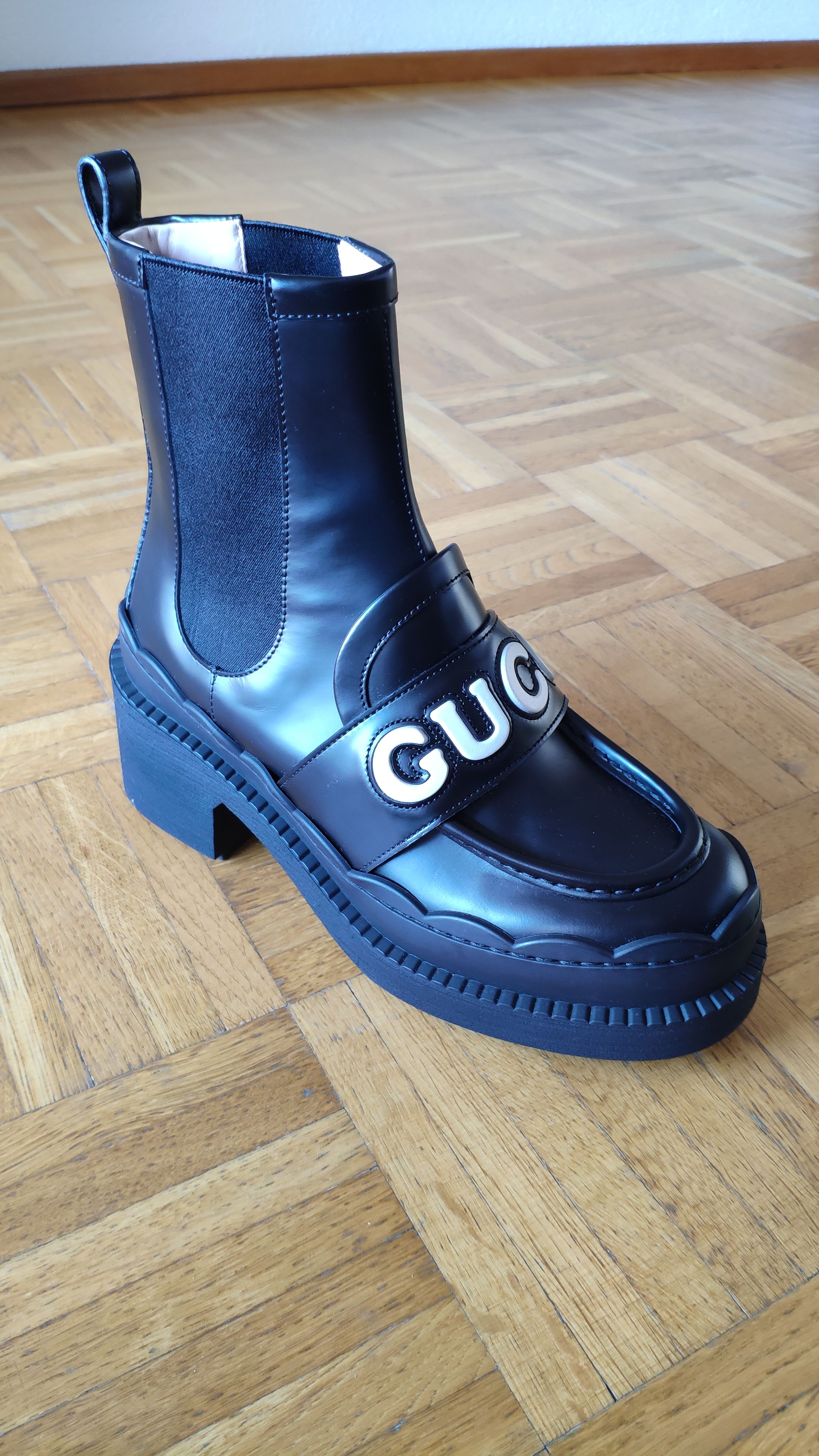 Gucci Black Logo Platform Leather Boots Size 38.5