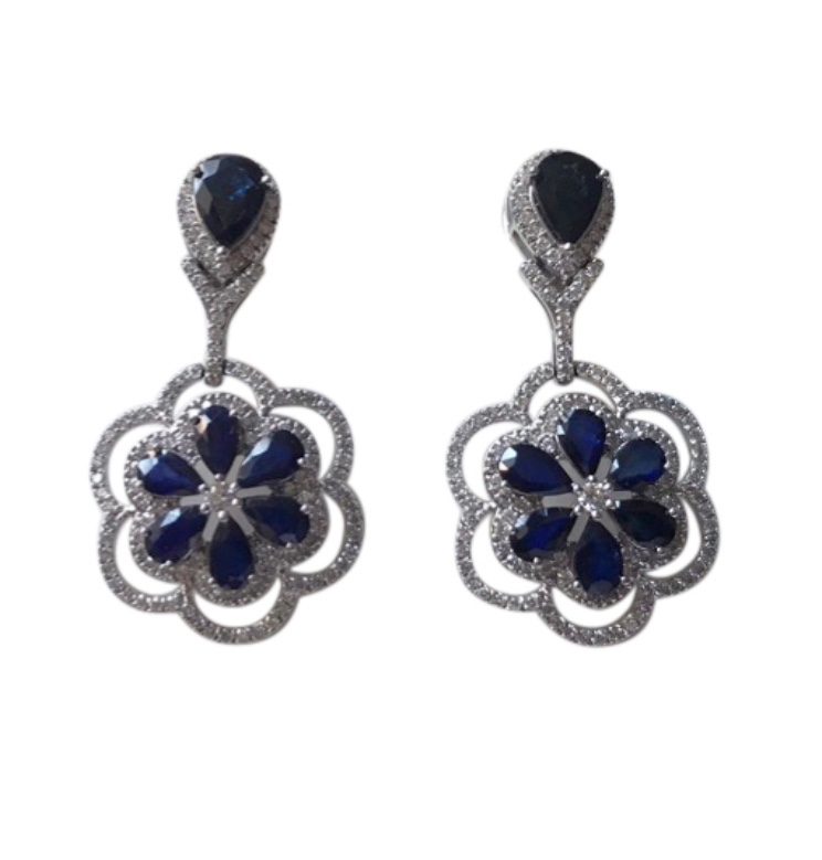 Bespoke 18ct White Gold Diamond  Sapphire Floral Jewellery Suite Blue