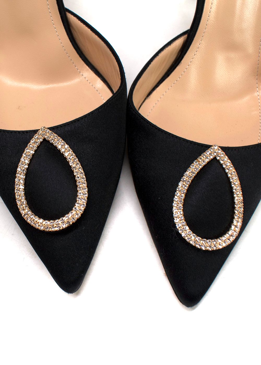 Preowned Jennifer Chamandi Black Satin Crystal Buckle Slingback Pumps Size 36 leather