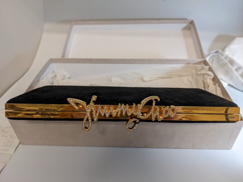 Jimmy Choo Black Suede Celeste Logo Frame Box Clutch Bag