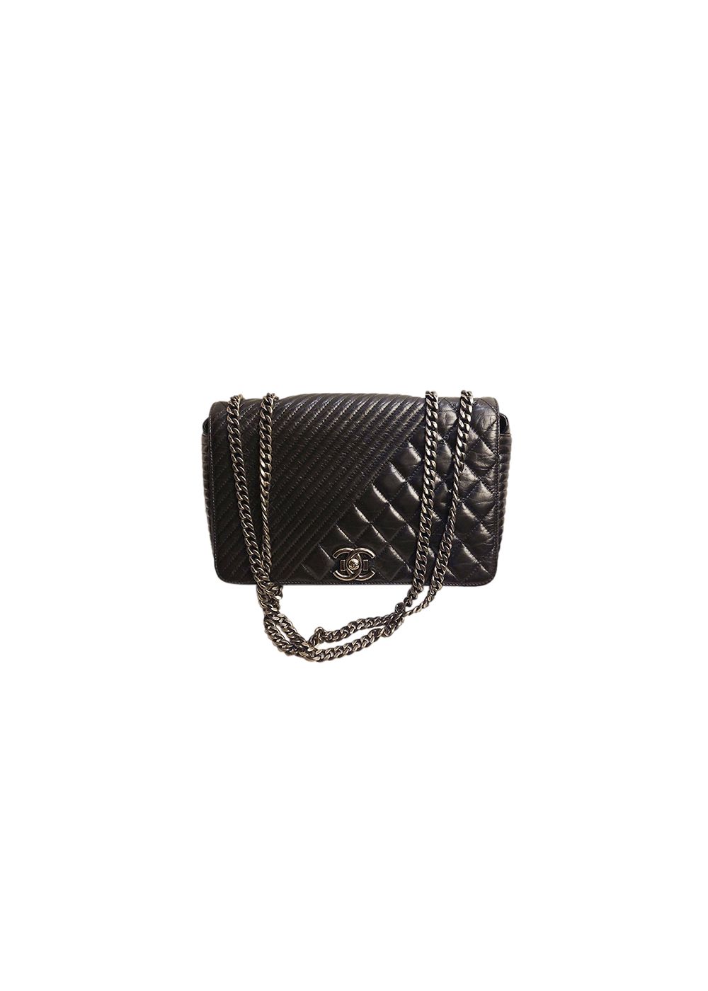 Preowned Chanel Black Diagonal  Quilted Leather Flap Bag