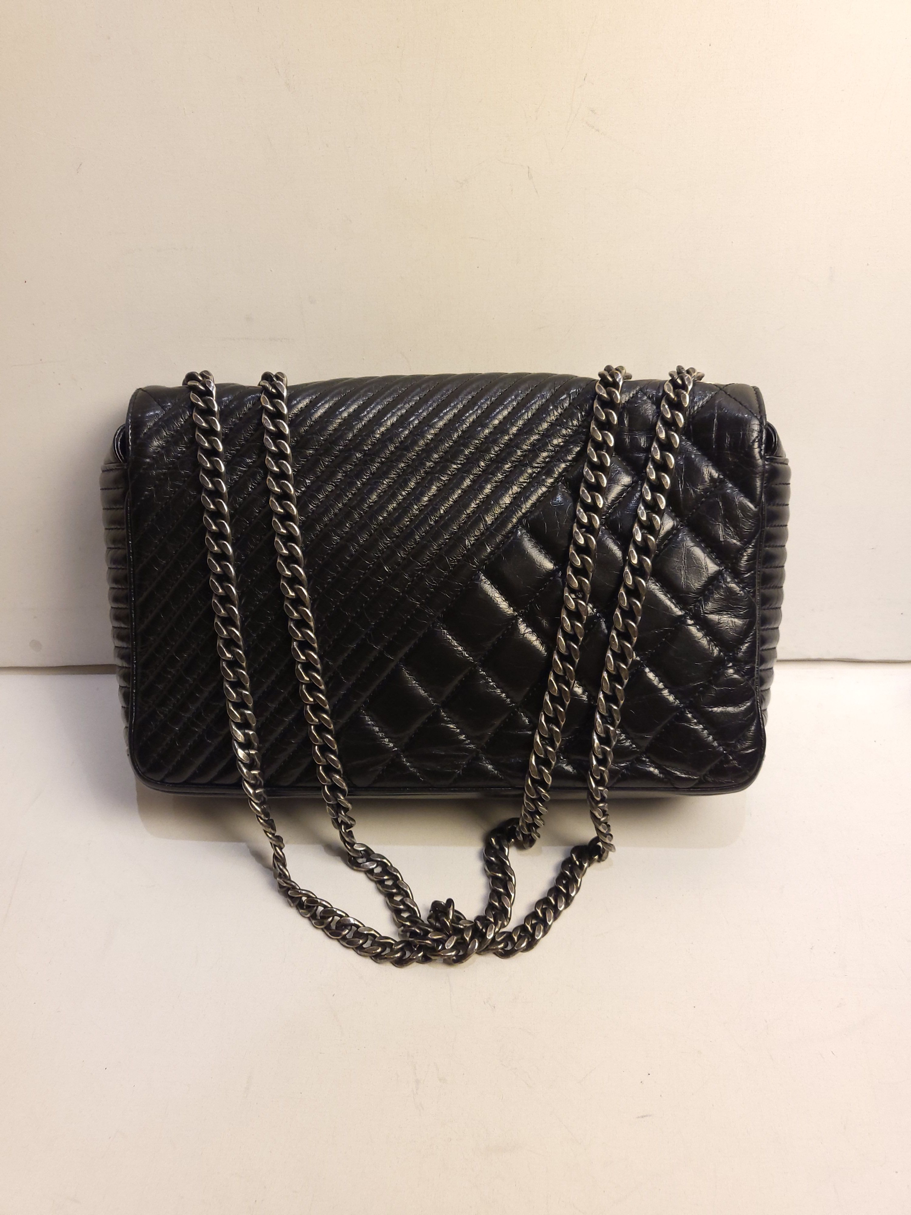 Preowned Chanel Black Diagonal  Quilted Leather Flap Bag