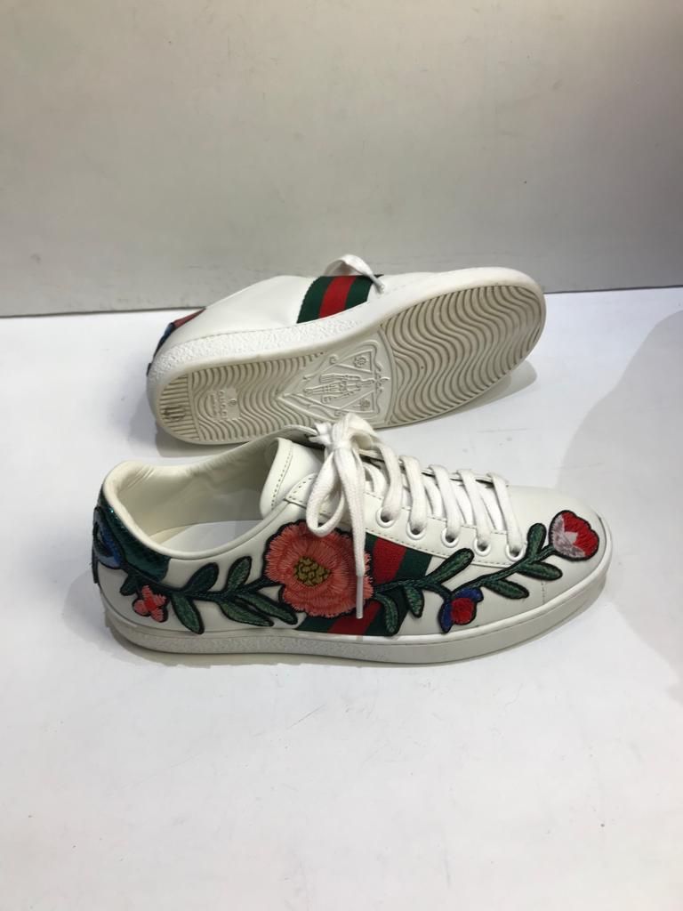 Preowned Gucci White Leather Ophelia Embellished Ace Sneakers Size 355