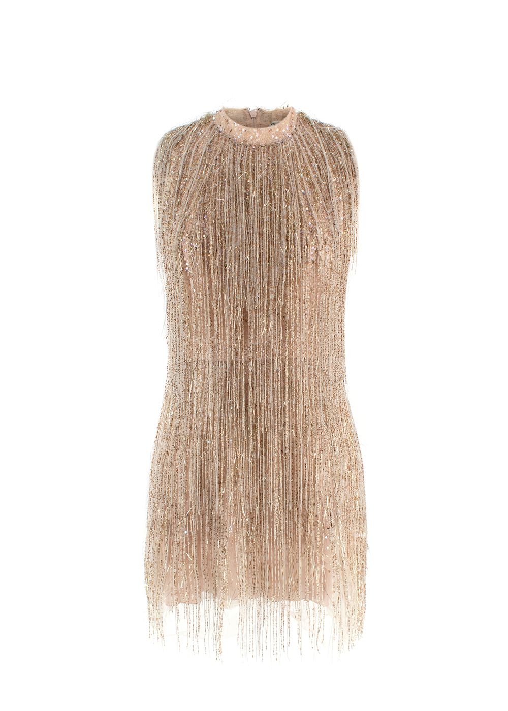 Preowned Dior Champagne Beaded Fringe Mini Dress Size XXS sequin/beaded fringe/silk lining