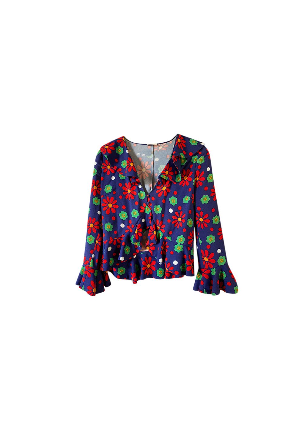 Preowned Saint Laurent blue red  green floral crepe blouse Size M Navy red green white viscose