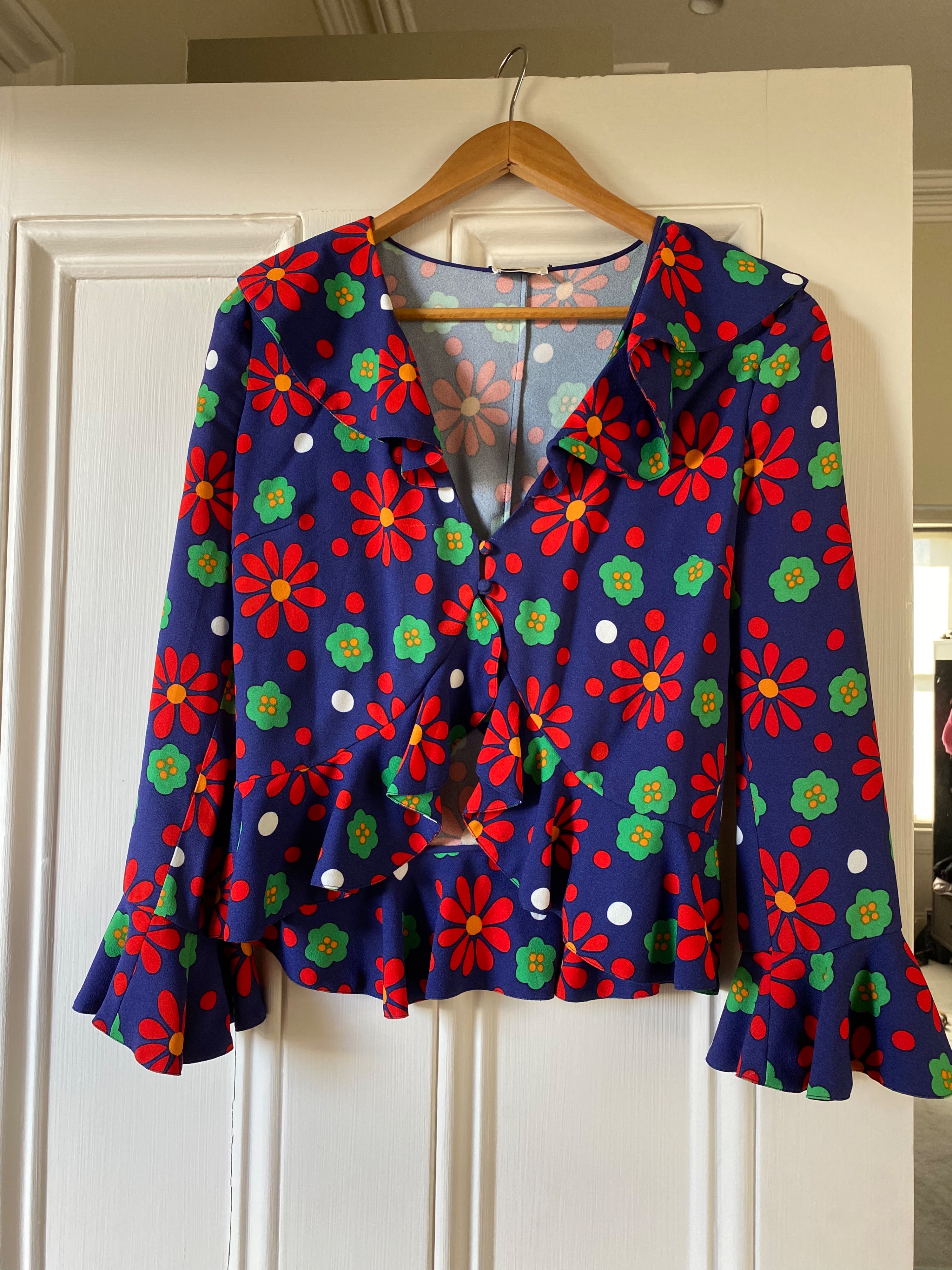 Preowned Saint Laurent blue red  green floral crepe blouse Size M Navy red green white viscose