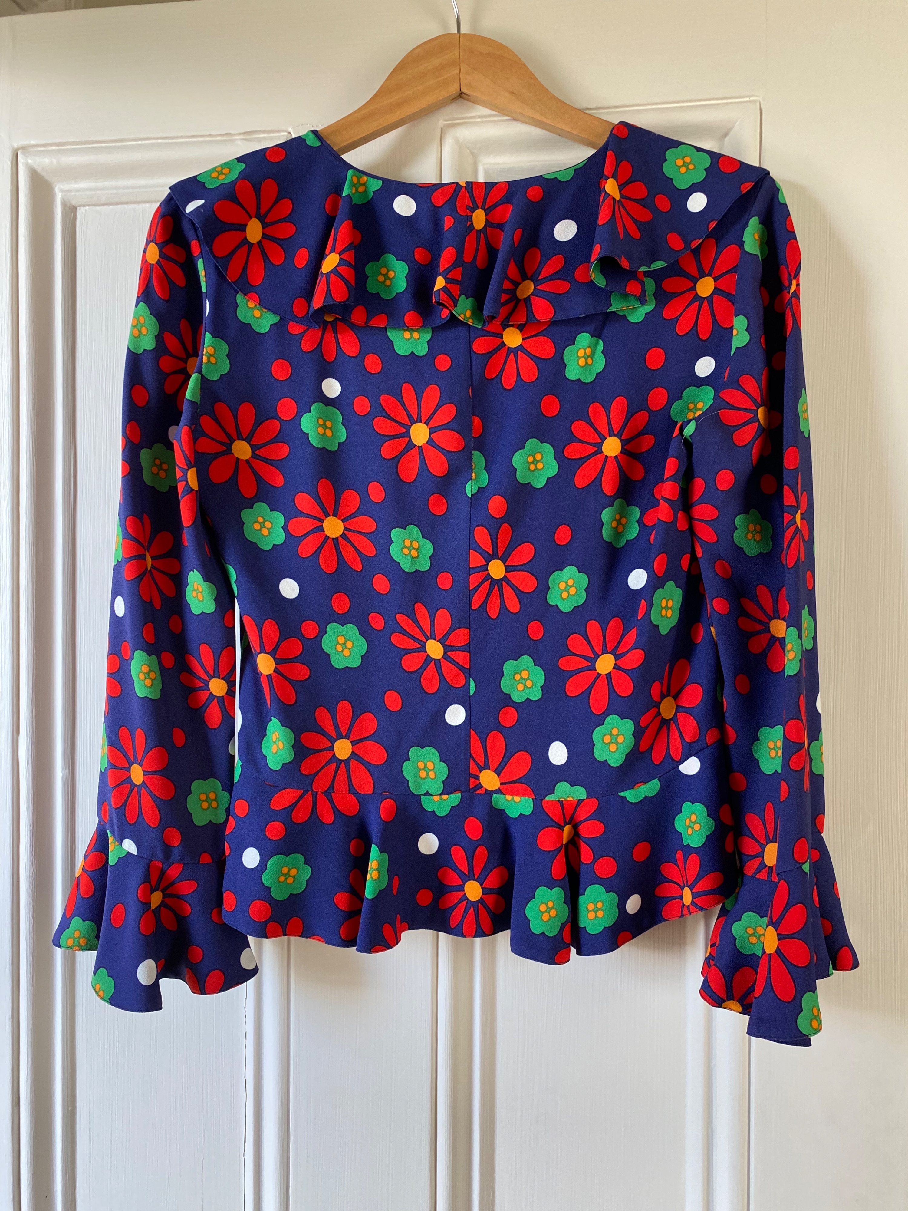 Preowned Saint Laurent blue red  green floral crepe blouse Size M Navy red green white viscose