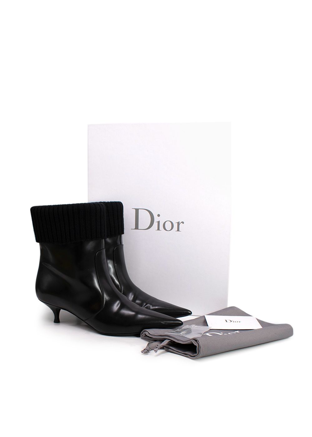 Preowned Dior Black Leather Knit Trim Kitten Heel Boots Size 39