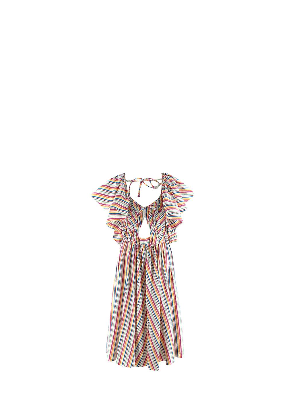 Preowned Rosie Assoulin Rainbow Striped Seersucker Flounce Summer Dress Size S Multi Stripe cotton