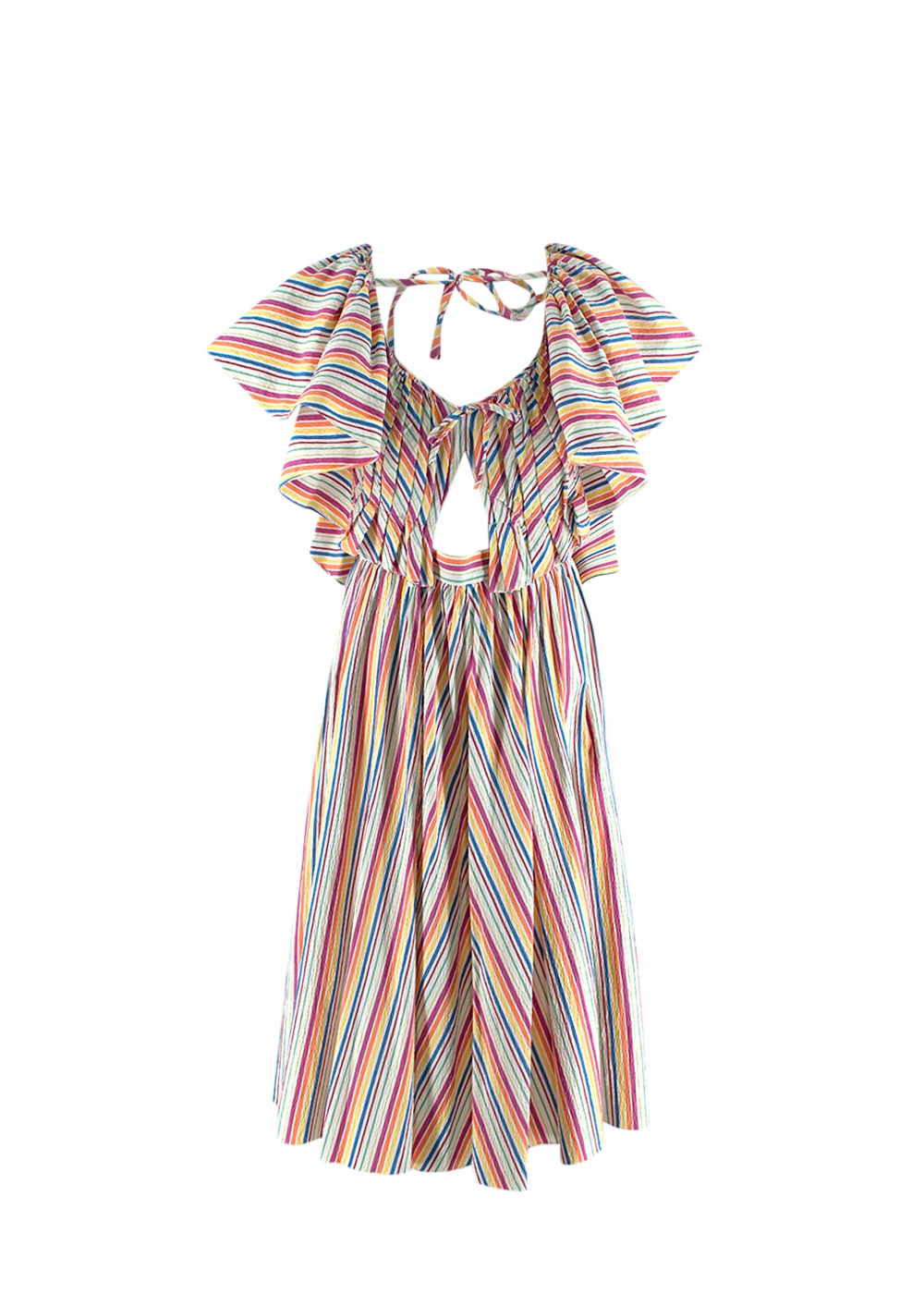 Preowned Rosie Assoulin Rainbow Striped Seersucker Flounce Summer Dress Size S Multi Stripe cotton