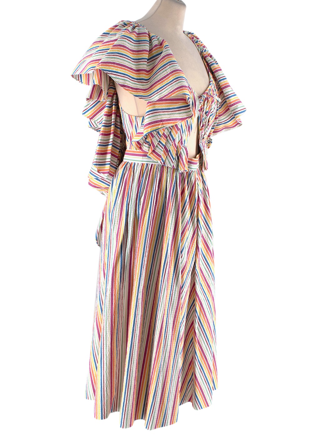 Preowned Rosie Assoulin Rainbow Striped Seersucker Flounce Summer Dress Size S Multi Stripe cotton