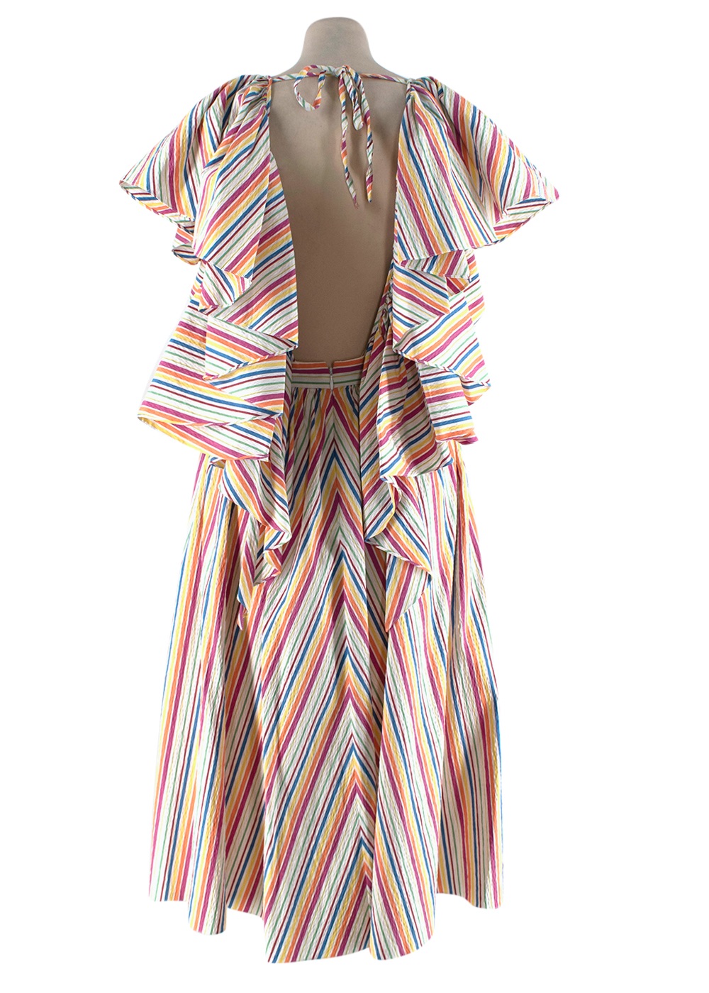 Preowned Rosie Assoulin Rainbow Striped Seersucker Flounce Summer Dress Size S Multi Stripe cotton