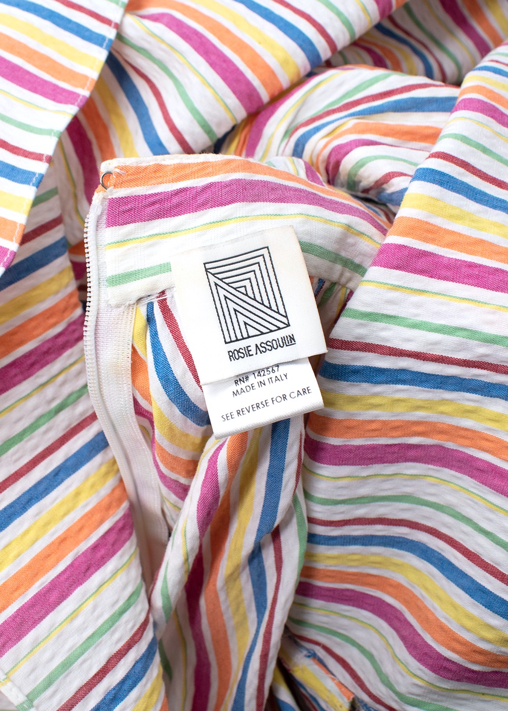 Preowned Rosie Assoulin Rainbow Striped Seersucker Flounce Summer Dress Size S Multi Stripe cotton