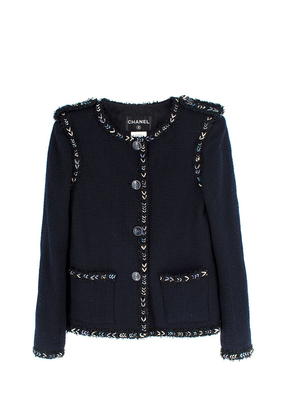 Preowned Chanel Navy Tweed Lesage Jacket with Metallic Trim Detail Size XXS Navy Blue wool/polyamide