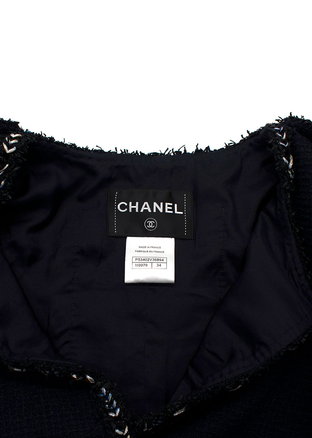 Preowned Chanel Navy Tweed Lesage Jacket with Metallic Trim Detail Size XXS Navy Blue wool/polyamide