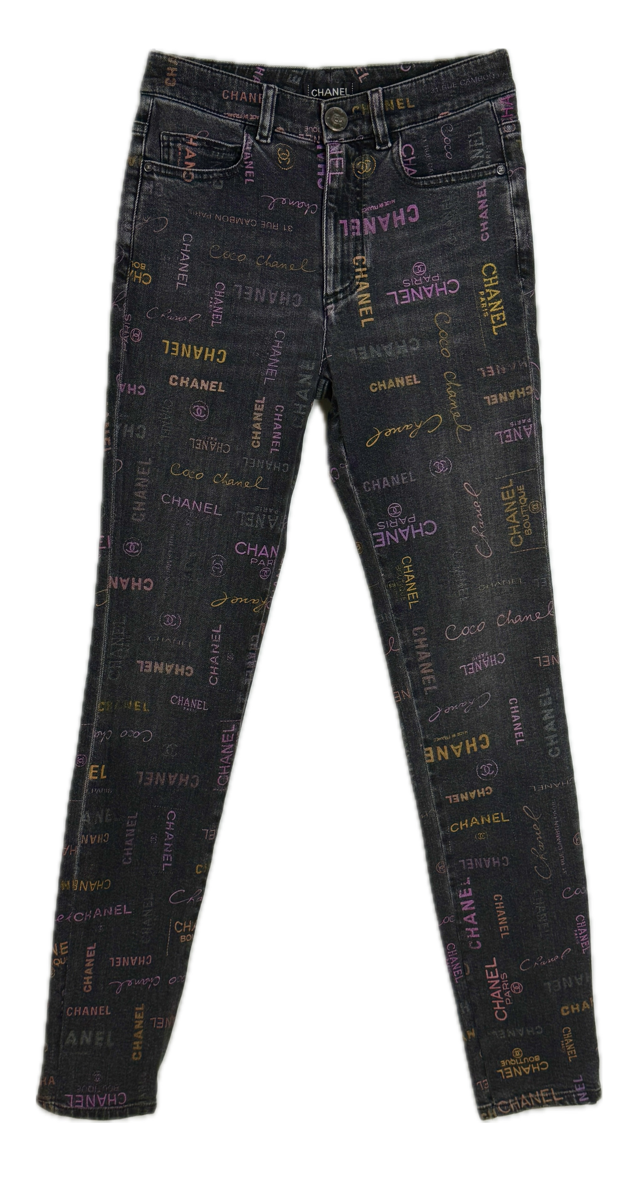 Preowned Chanel Black CC Logo Graffiti Print Jeans Size S anthracite denim