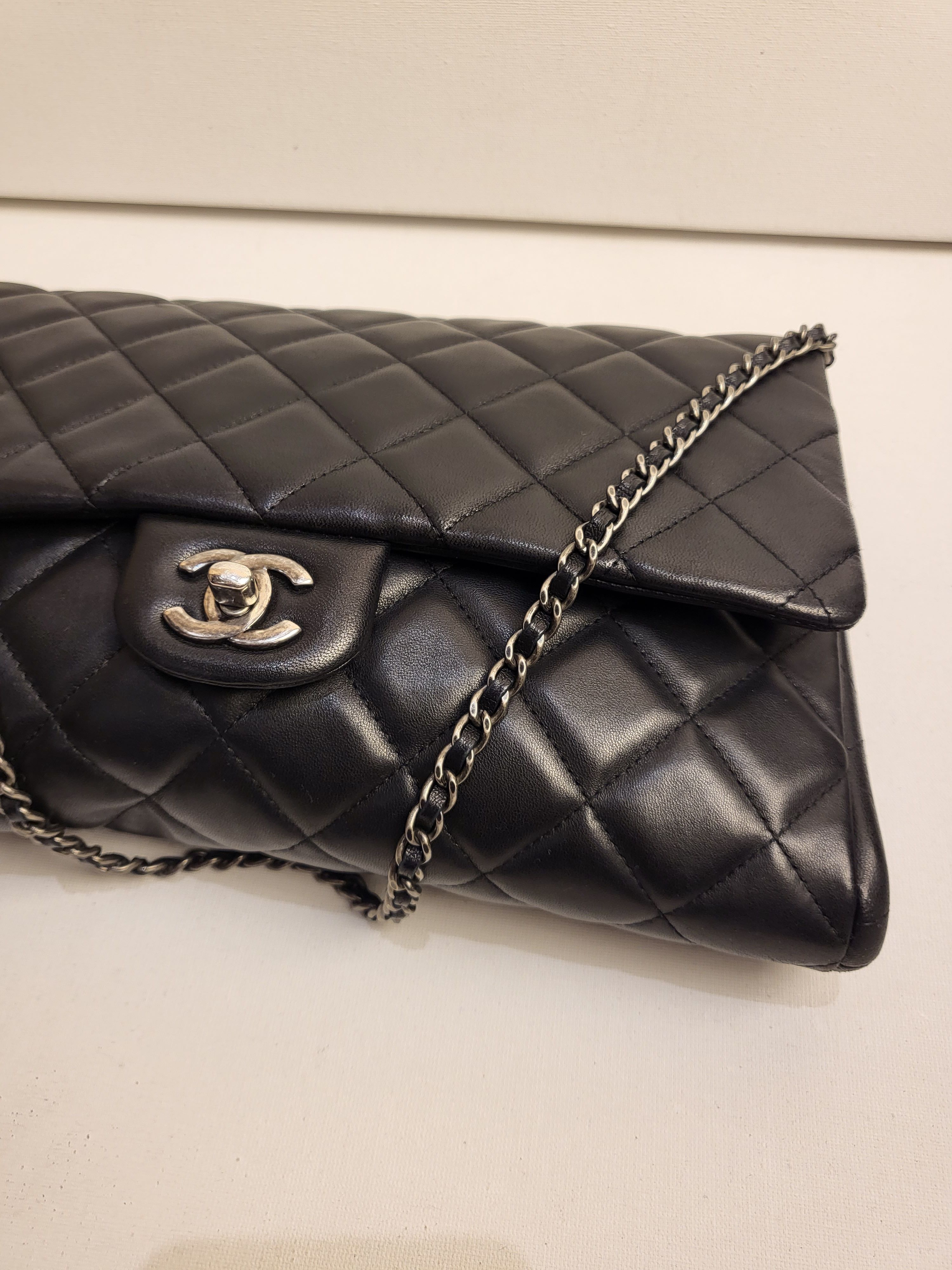 Preowned Chanel Lambskin Quilted CC Timeless Envelope Flap Bag Black leather