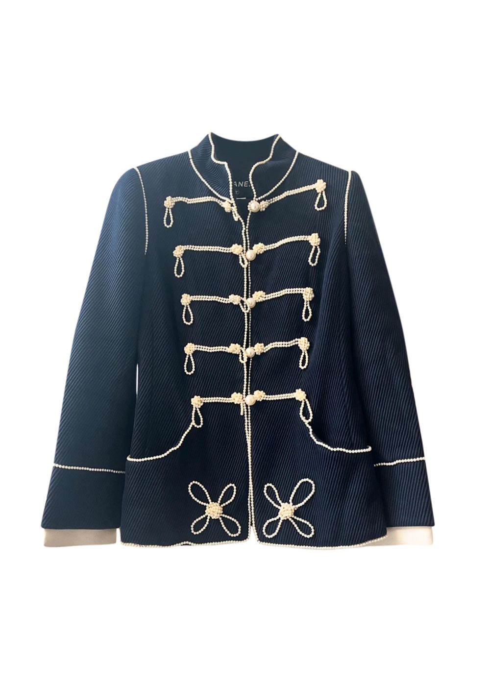 Preowned Chanel Navy Pearl Embellished Military Style Jacket Size S cotton/faux pearl