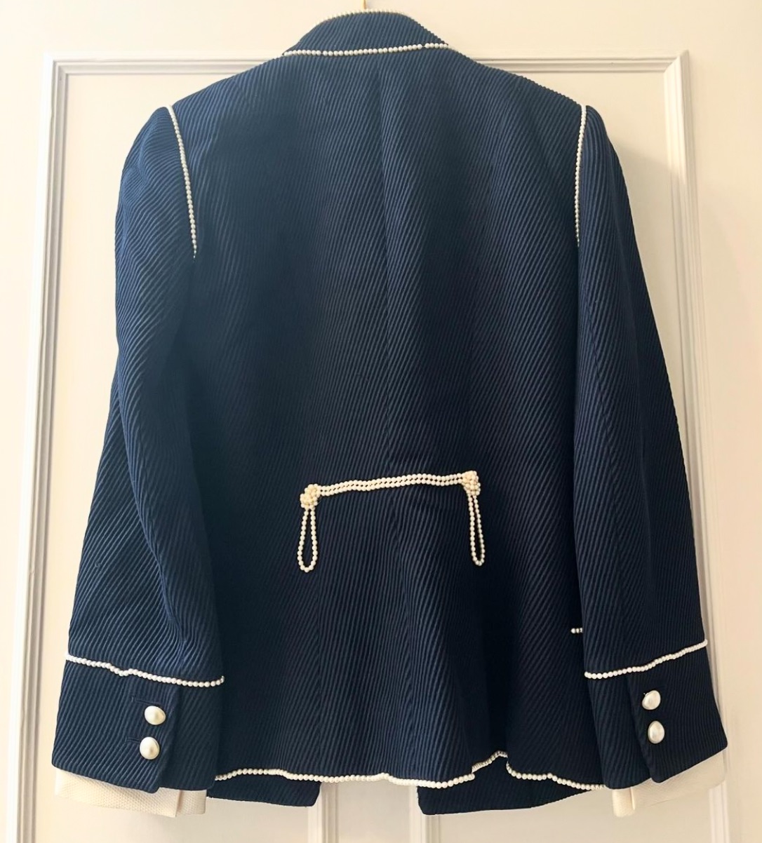 Preowned Chanel Navy Pearl Embellished Military Style Jacket Size S cotton/faux pearl