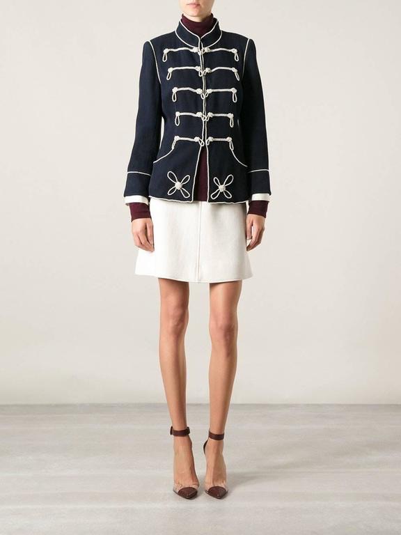 Preowned Chanel Navy Pearl Embellished Military Style Jacket Size S cotton/faux pearl