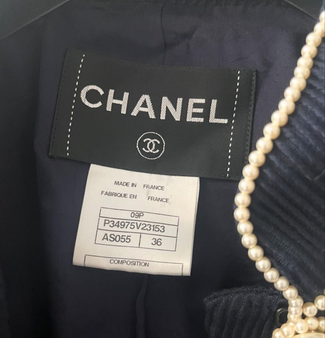 Preowned Chanel Navy Pearl Embellished Military Style Jacket Size S cotton/faux pearl