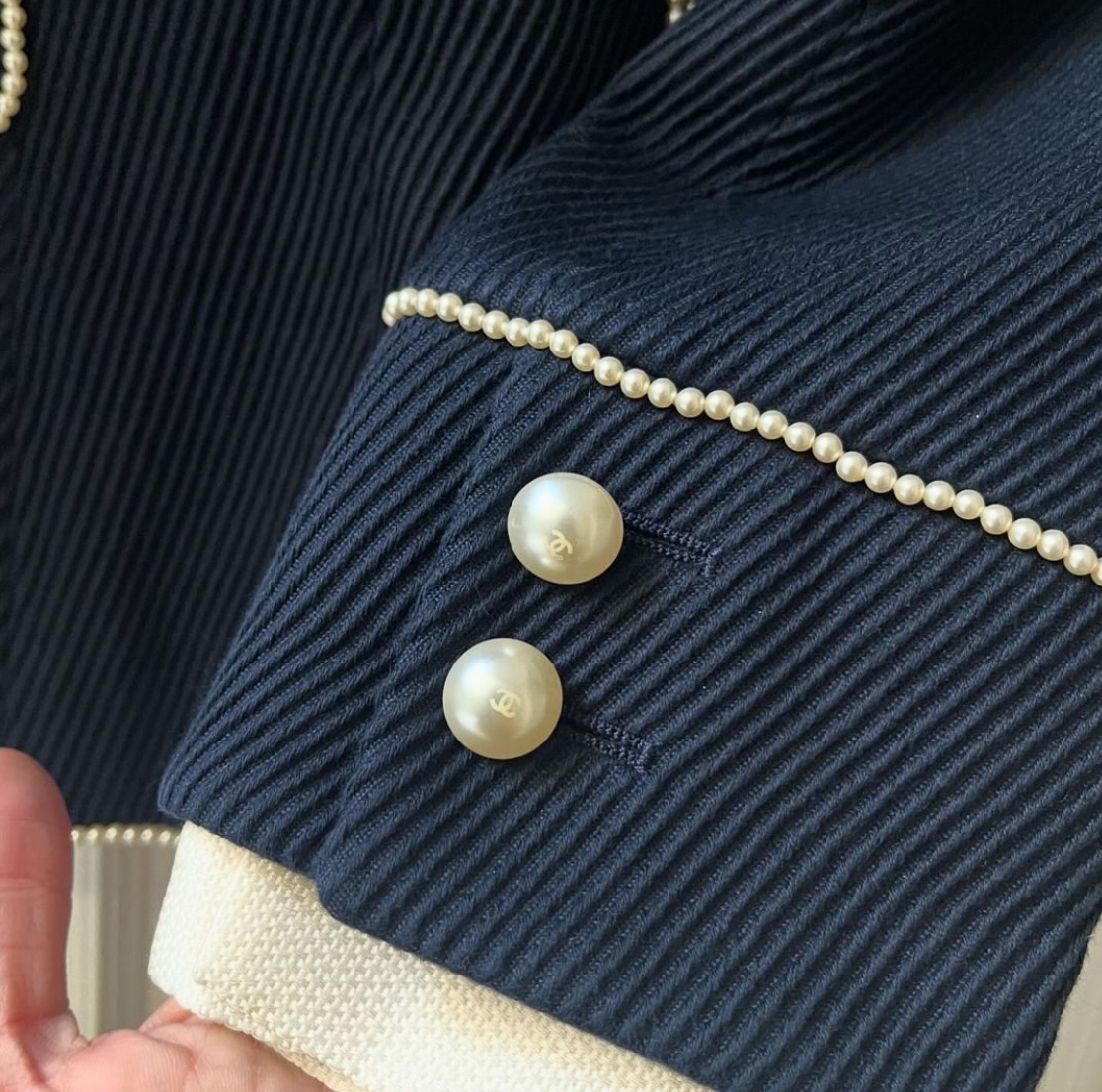 Preowned Chanel Navy Pearl Embellished Military Style Jacket Size S cotton/faux pearl