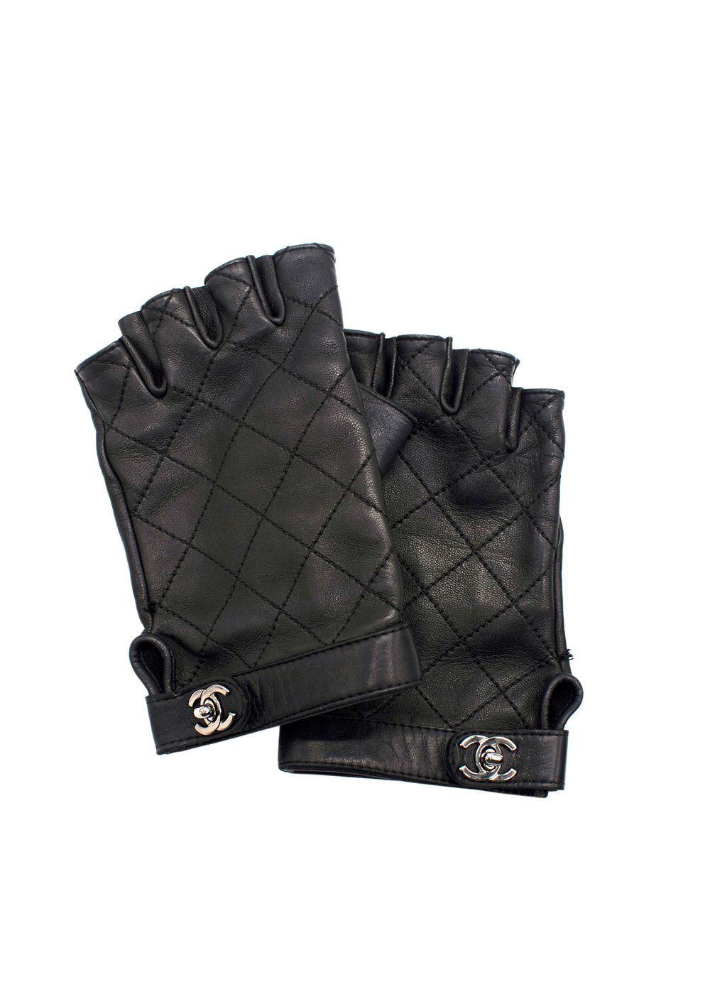 Chanel Black Lambskin Quilted Fingerless Gloves