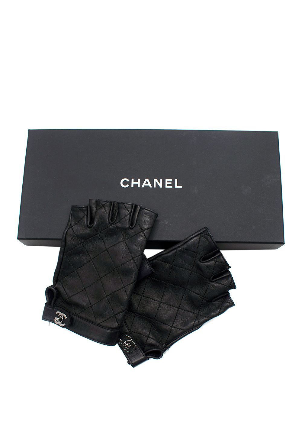 Chanel Black Lambskin Quilted Fingerless Gloves