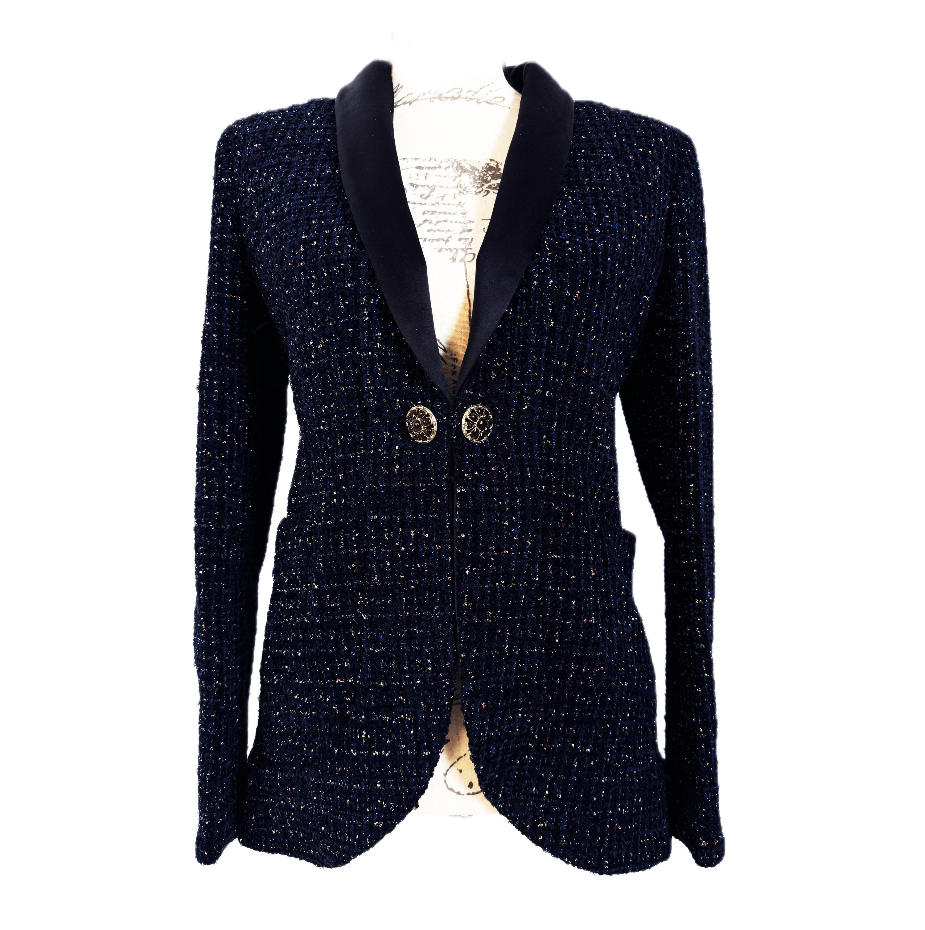 Chanel Shimmering Black Tweed Jacket Size S