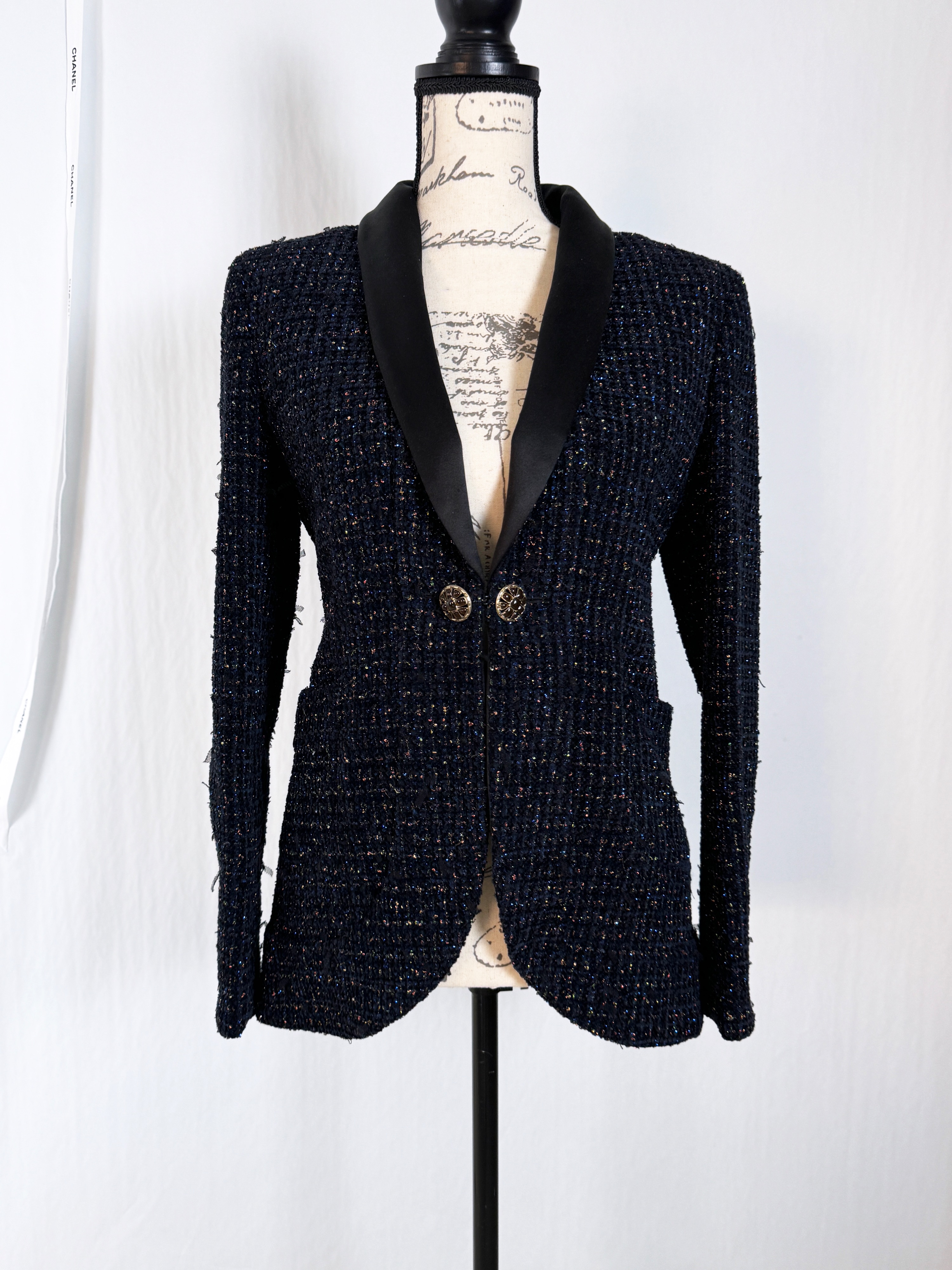 Chanel Shimmering Black Tweed Jacket Size S