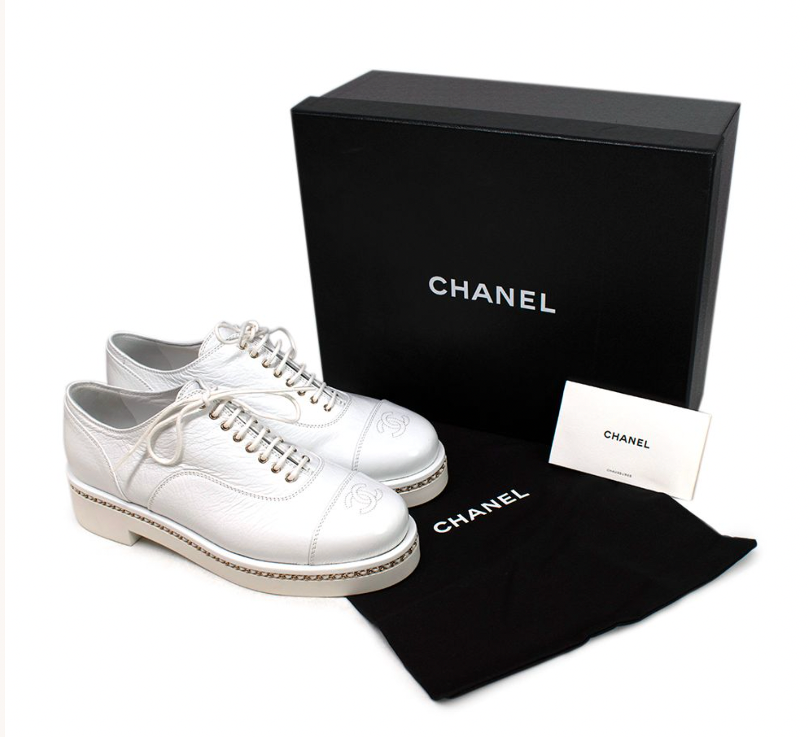 Chanel White Aged Calfskin Leather Lace-up Brogues Size 39