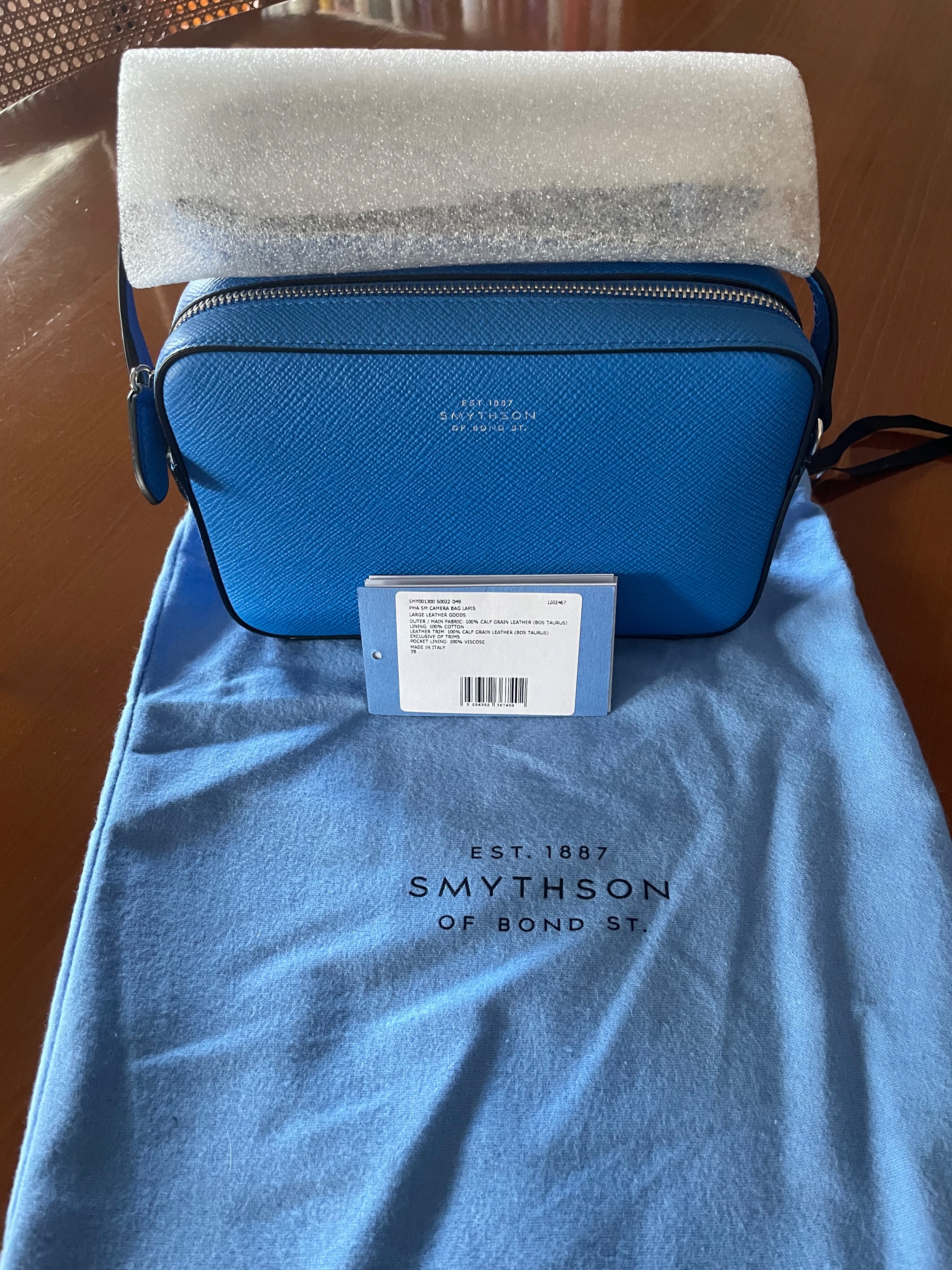 Smythson Smython Blue Leather Camera Bag Lapis blue crossgrain calf leather